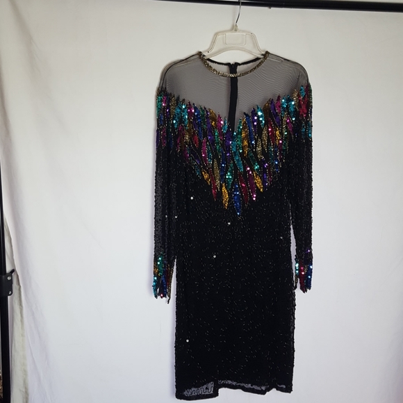 VTG NiteLine Sequin Bead Midi Dress Black SZ 8(M) - Picture 1 of 6